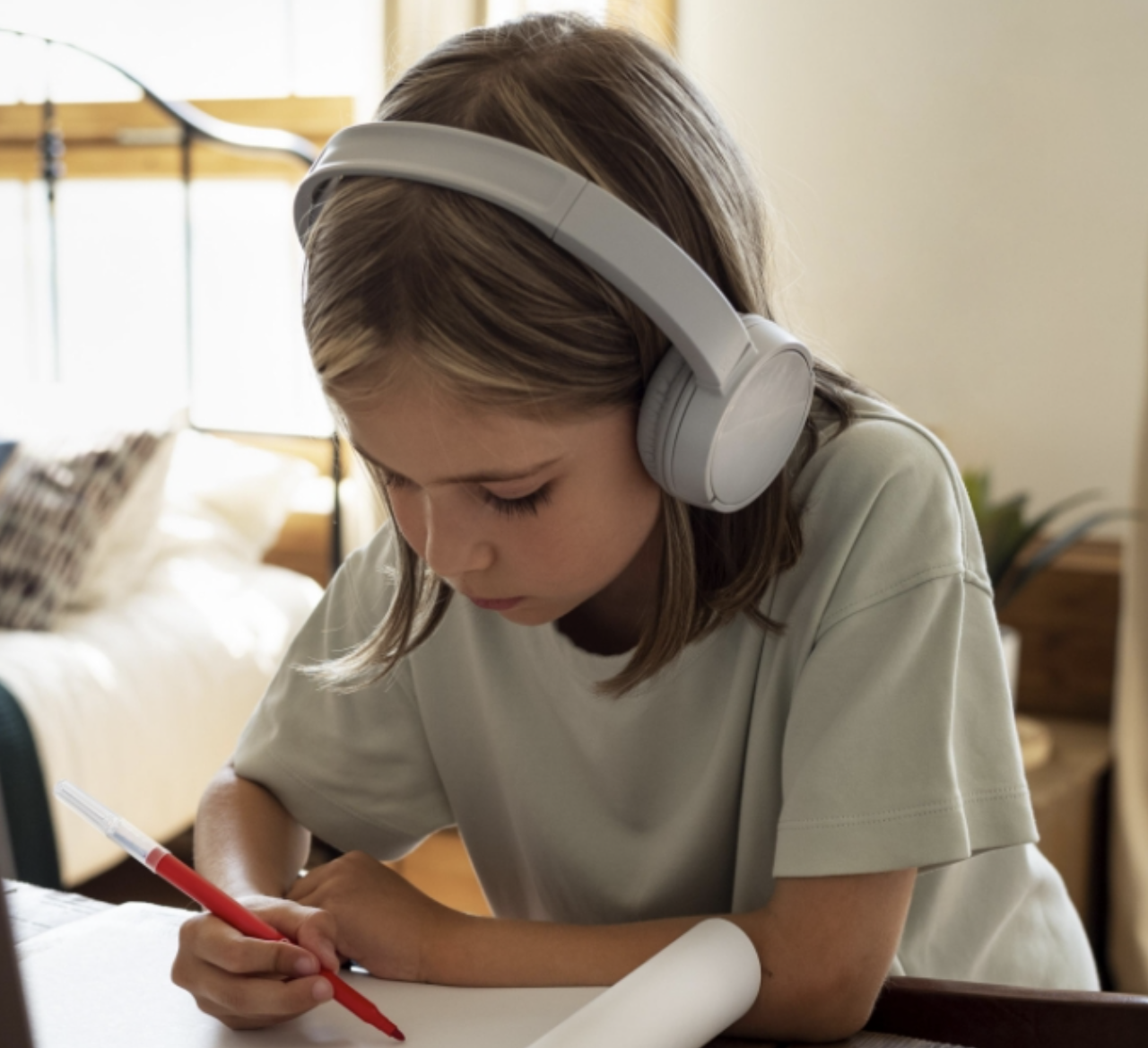 a-curriculum-that-inspires image Student writing with headphones